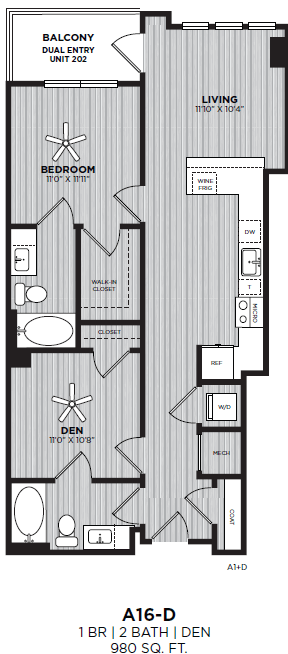 A floor plan of a two bedroom apartment with a balcony.